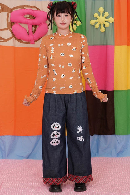 Panda Embroidered Straight Wide-Leg Jeans
