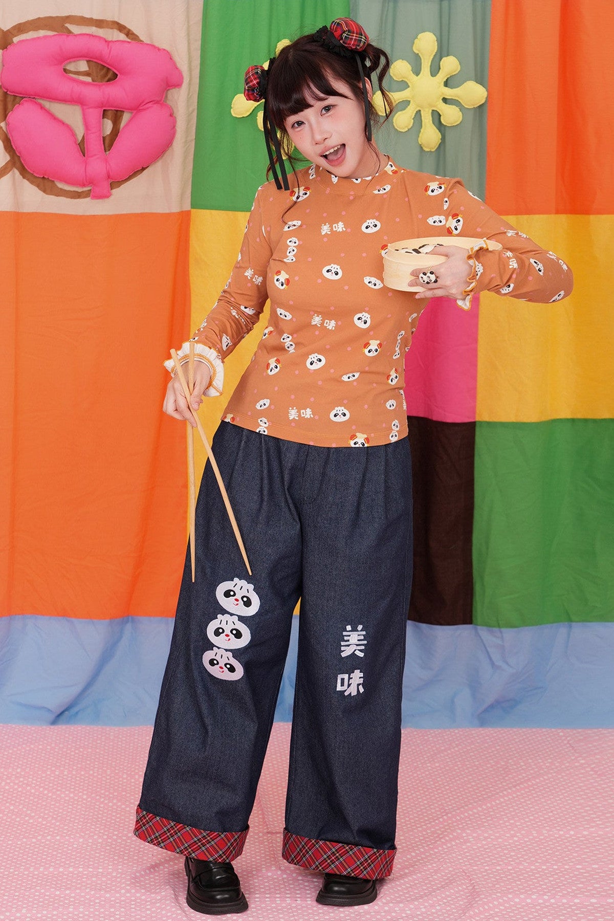 Panda Embroidered Straight Wide-Leg Jeans