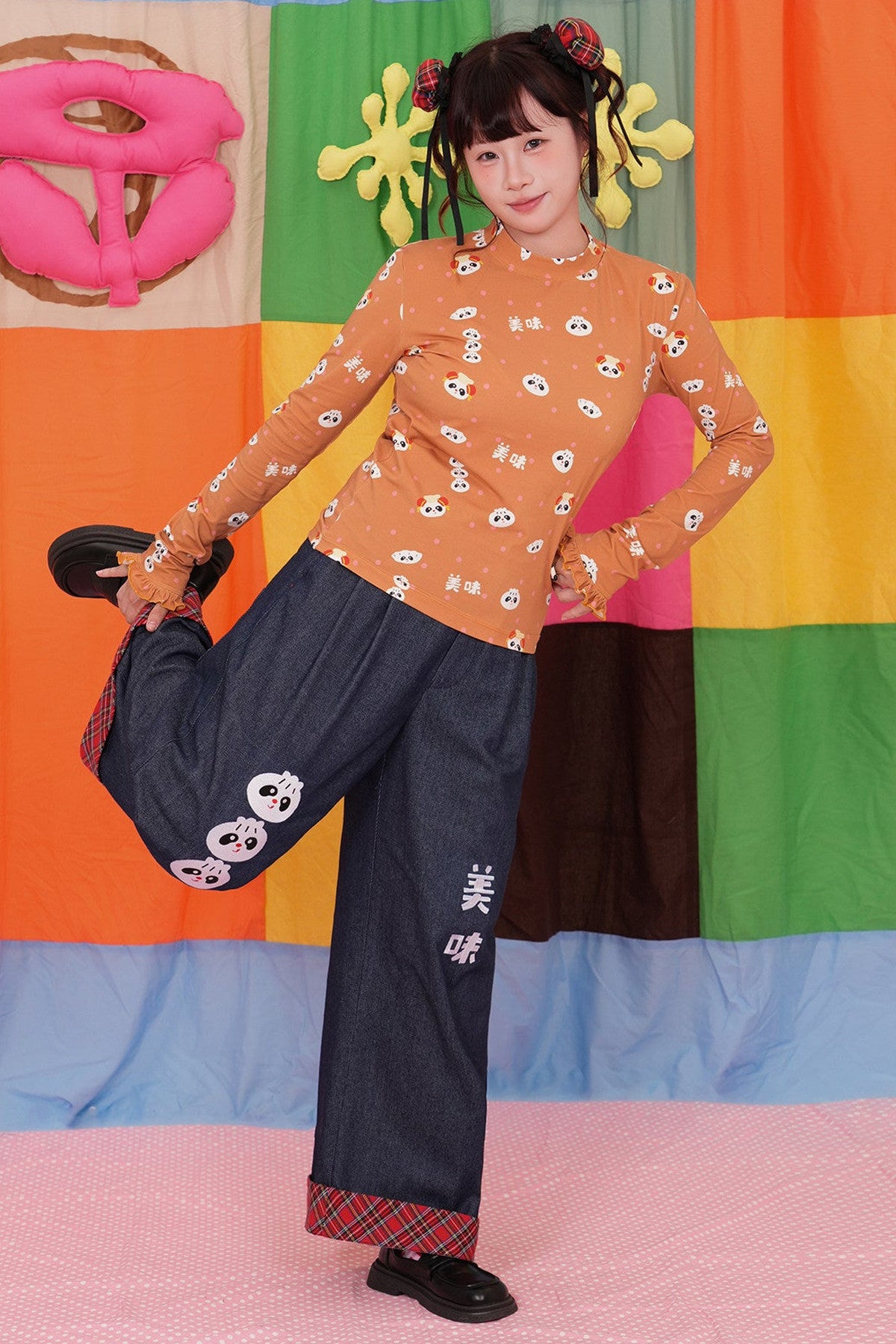Panda Embroidered Straight Wide-Leg Jeans