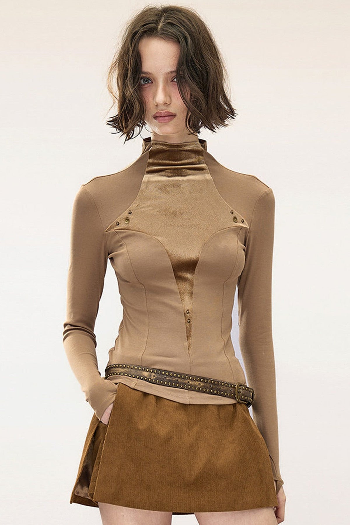Layered Velvet Half-Turtleneck Long-Sleeve T-Shirt