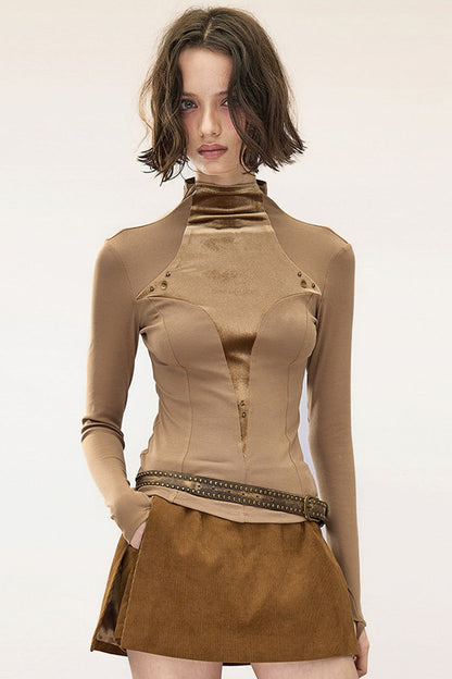 Layered Velvet Half-Turtleneck Long-Sleeve T-Shirt