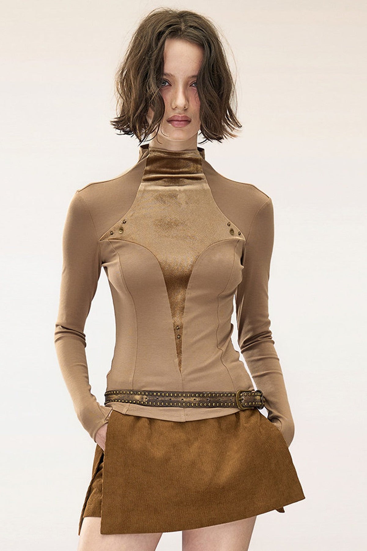 Layered Velvet Half-Turtleneck Long-Sleeve T-Shirt