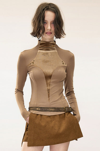 Layered Velvet Half-Turtleneck Long-Sleeve T-Shirt