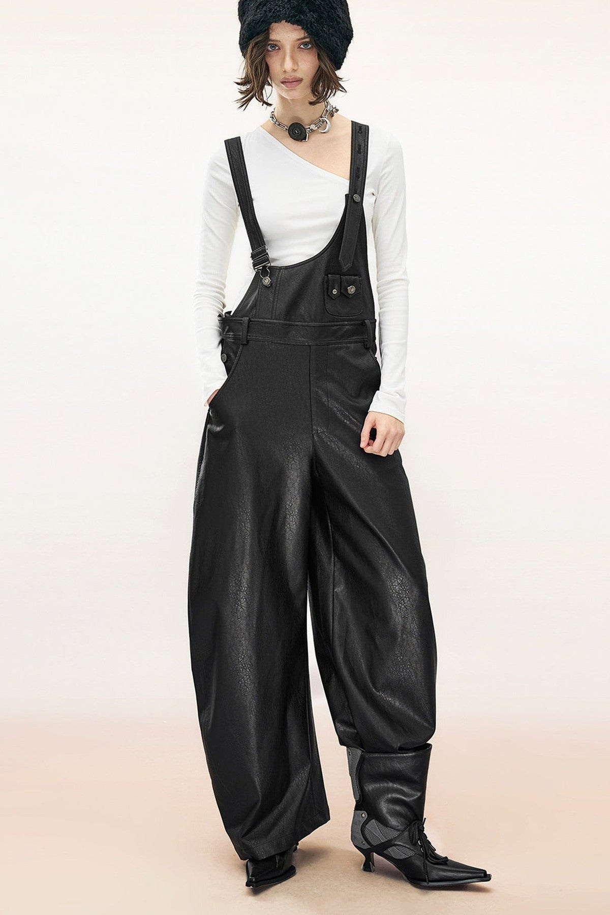 Wide-Leg Suspender Leather Pants