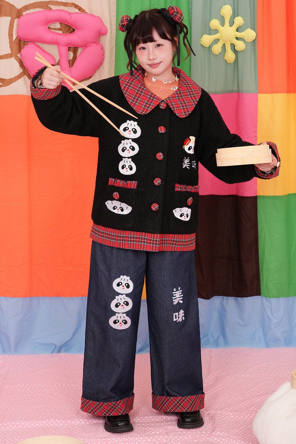 Two-Tone Panda Embroidered Wool Jacket