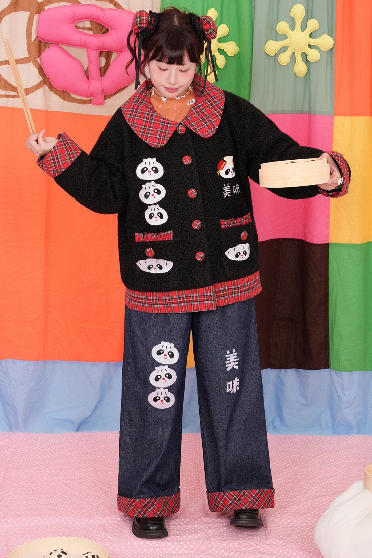 Two-Tone Panda Embroidered Wool Jacket