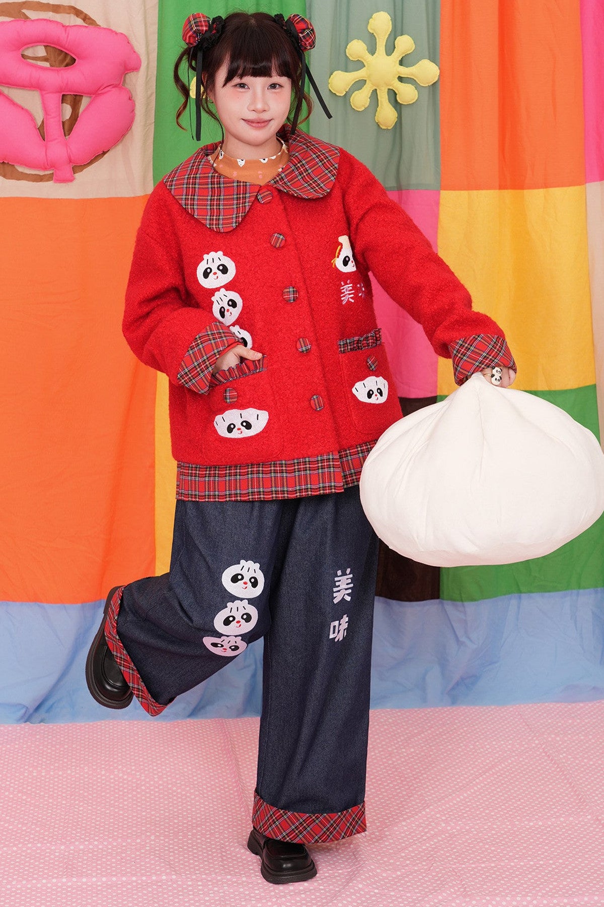 Two-Tone Panda Embroidered Wool Jacket
