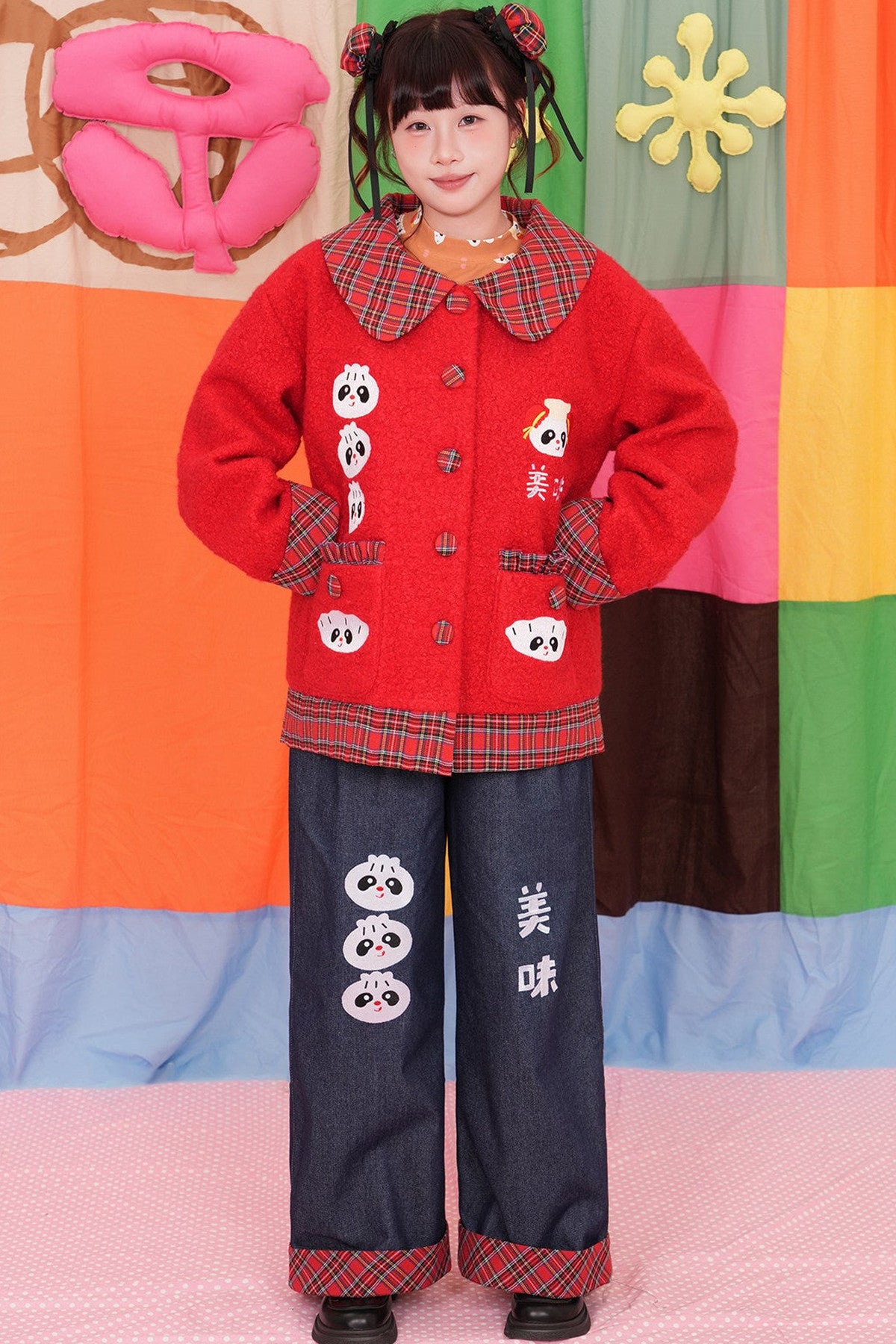 Two-Tone Panda Embroidered Wool Jacket