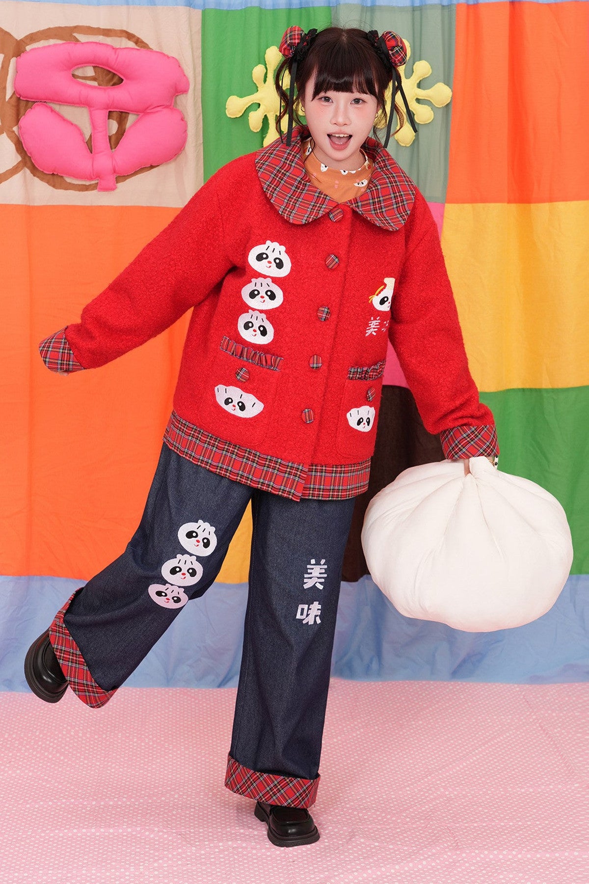 Two-Tone Panda Embroidered Wool Jacket