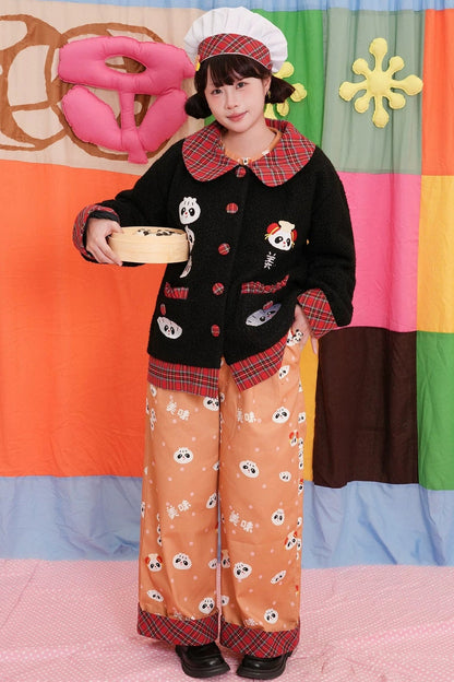 Panda Print Straight Wide-Leg Denim Pants