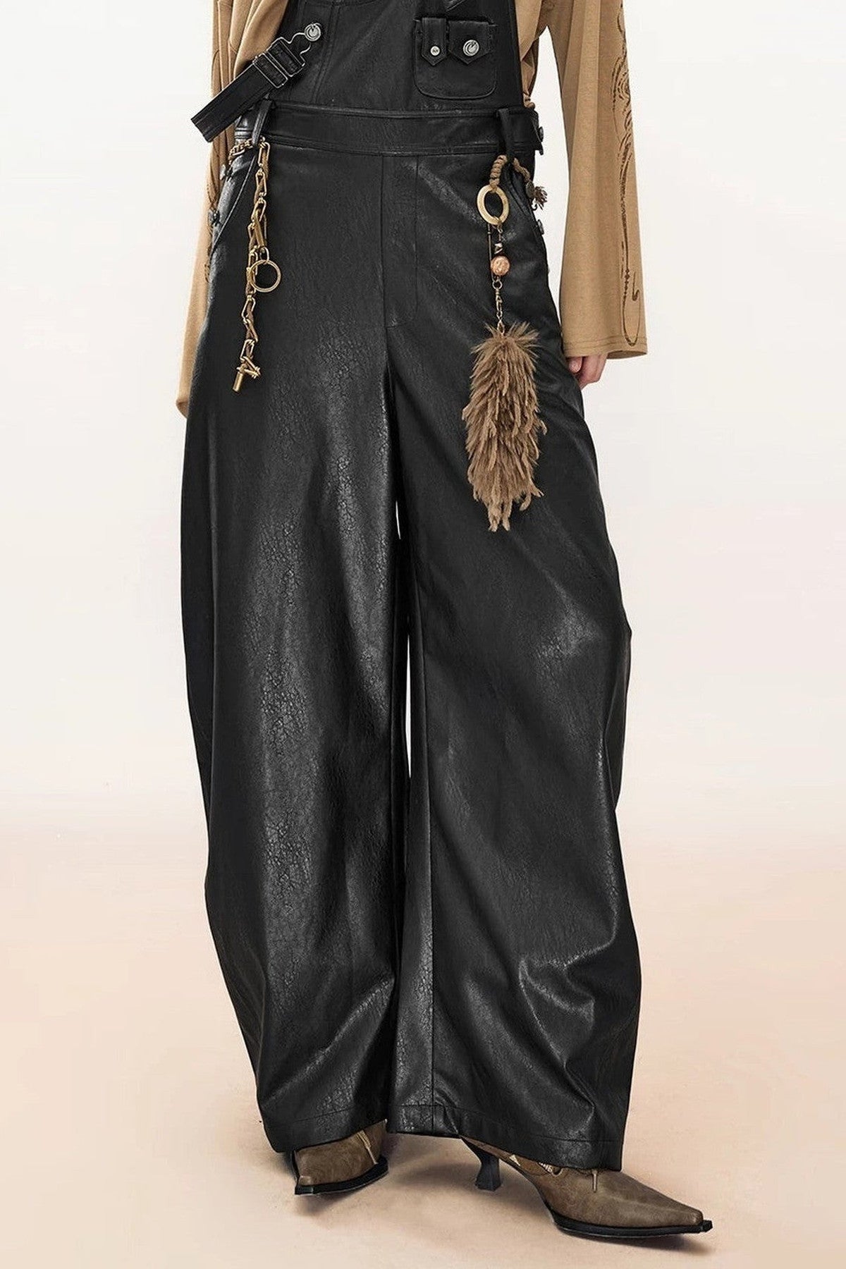 Wide-Leg Suspender Leather Pants