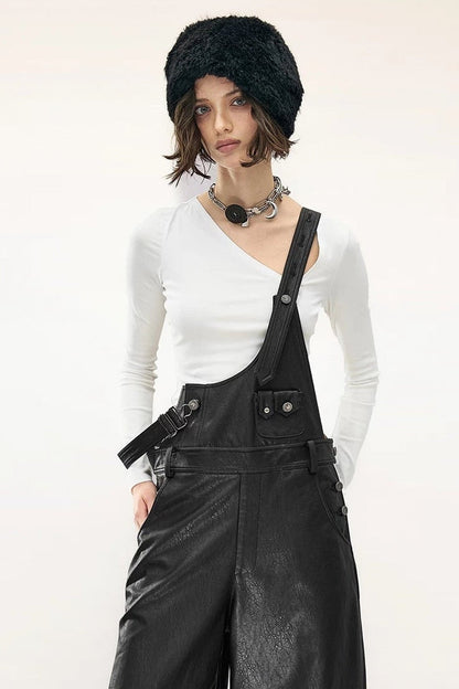 Wide-Leg Suspender Leather Pants