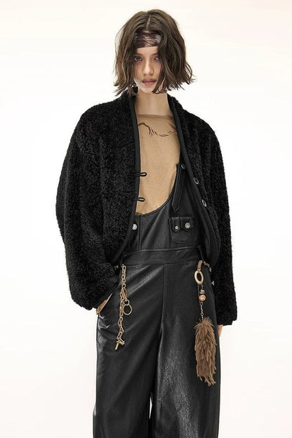 Wide-Leg Suspender Leather Pants