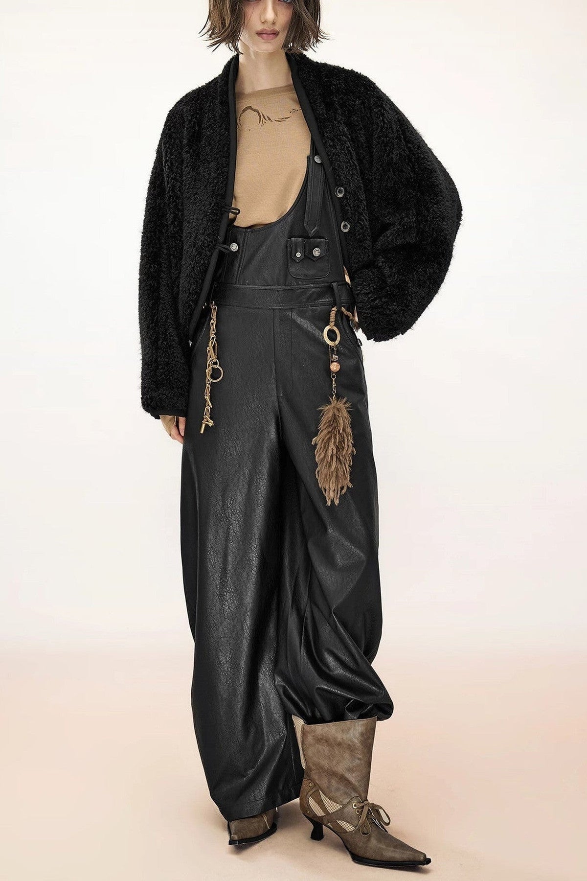 Wide-Leg Suspender Leather Pants