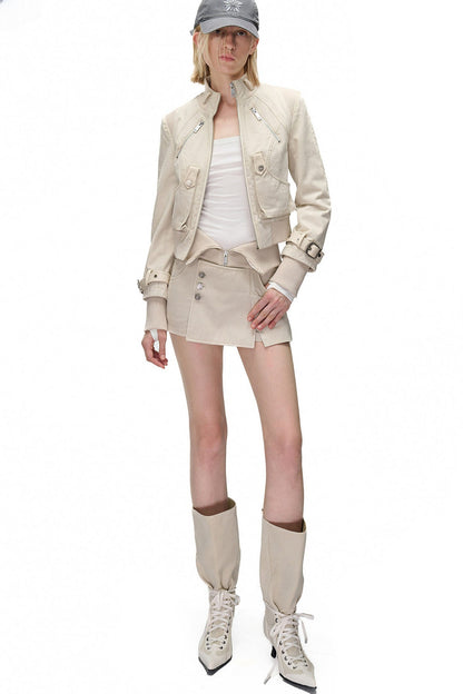 Washed Distressed Patchwork Short Jacket