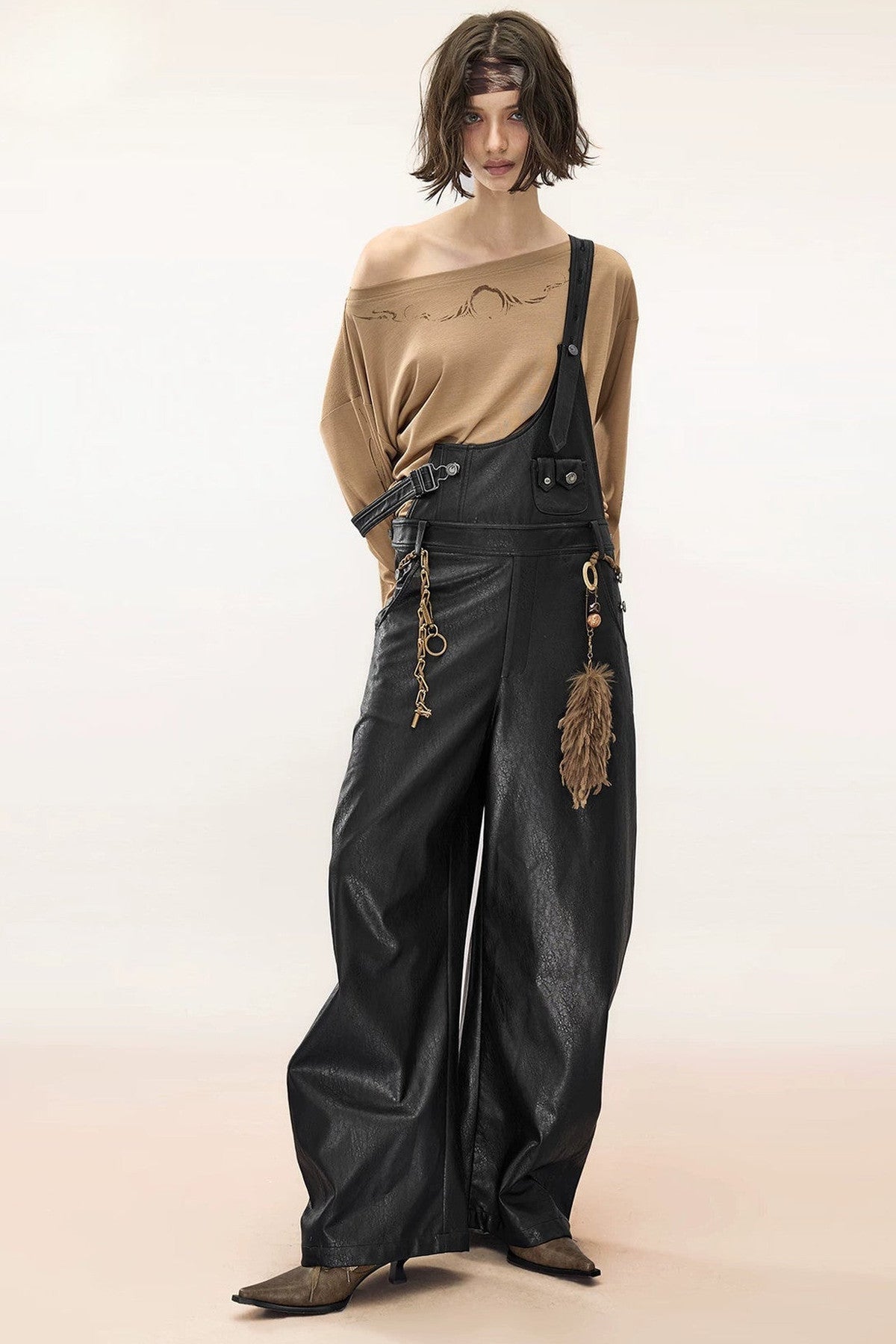 Wide-Leg Suspender Leather Pants