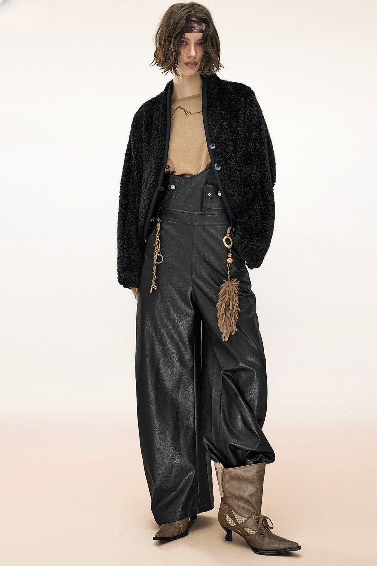 Wide-Leg Suspender Leather Pants