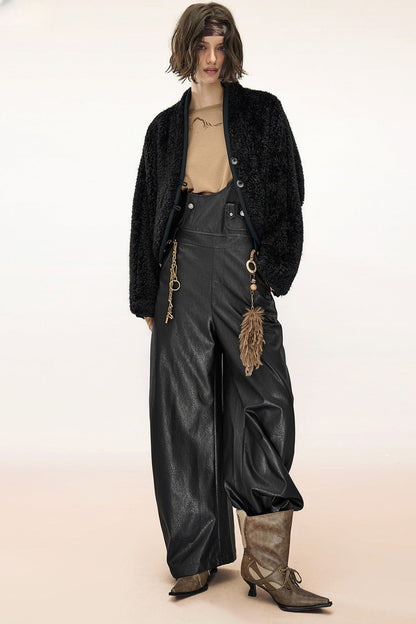 Wide-Leg Suspender Leather Pants