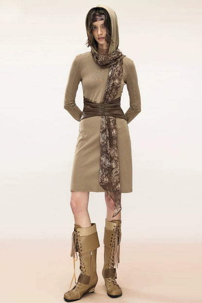 Layered Leather Scarf Hooded Dress