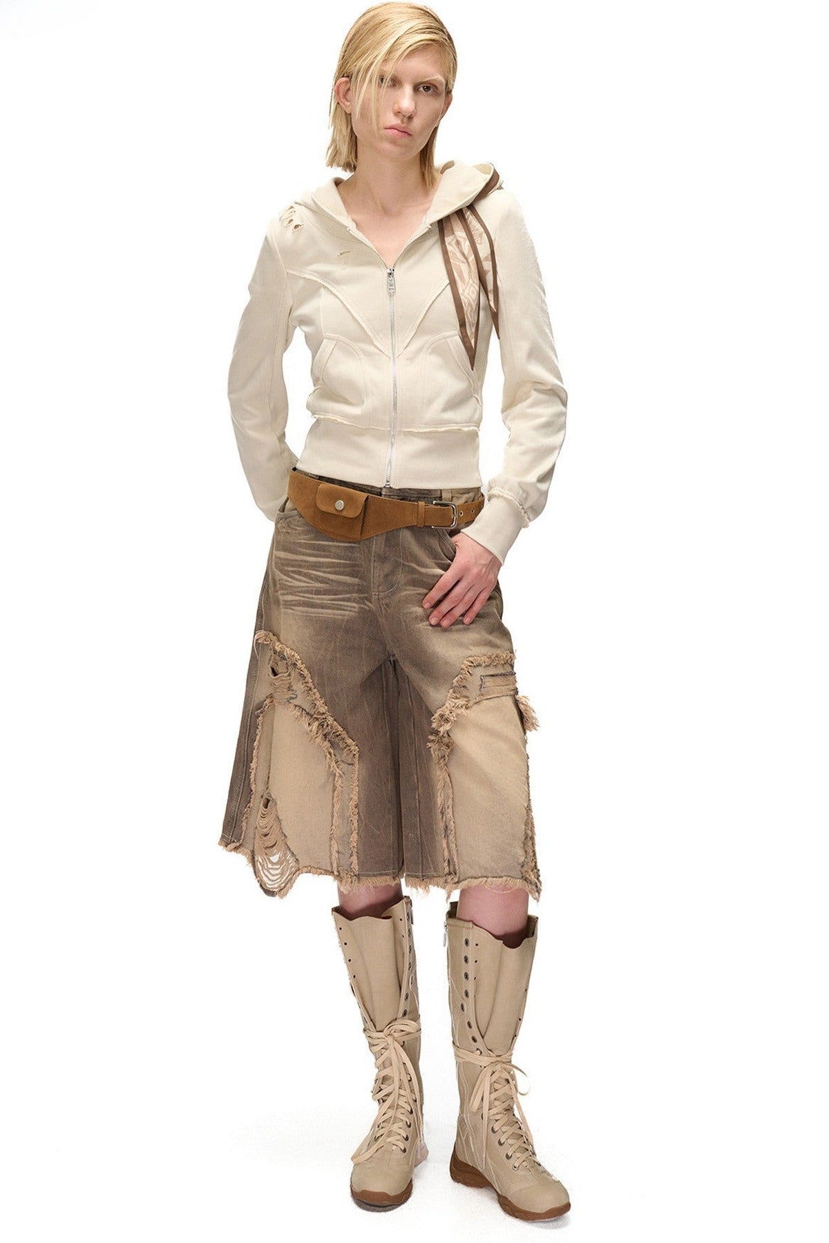 Lagenlook-Schal-Patchwork-Kapuzenjacke im Used-Look aus Sweatshirtstoff