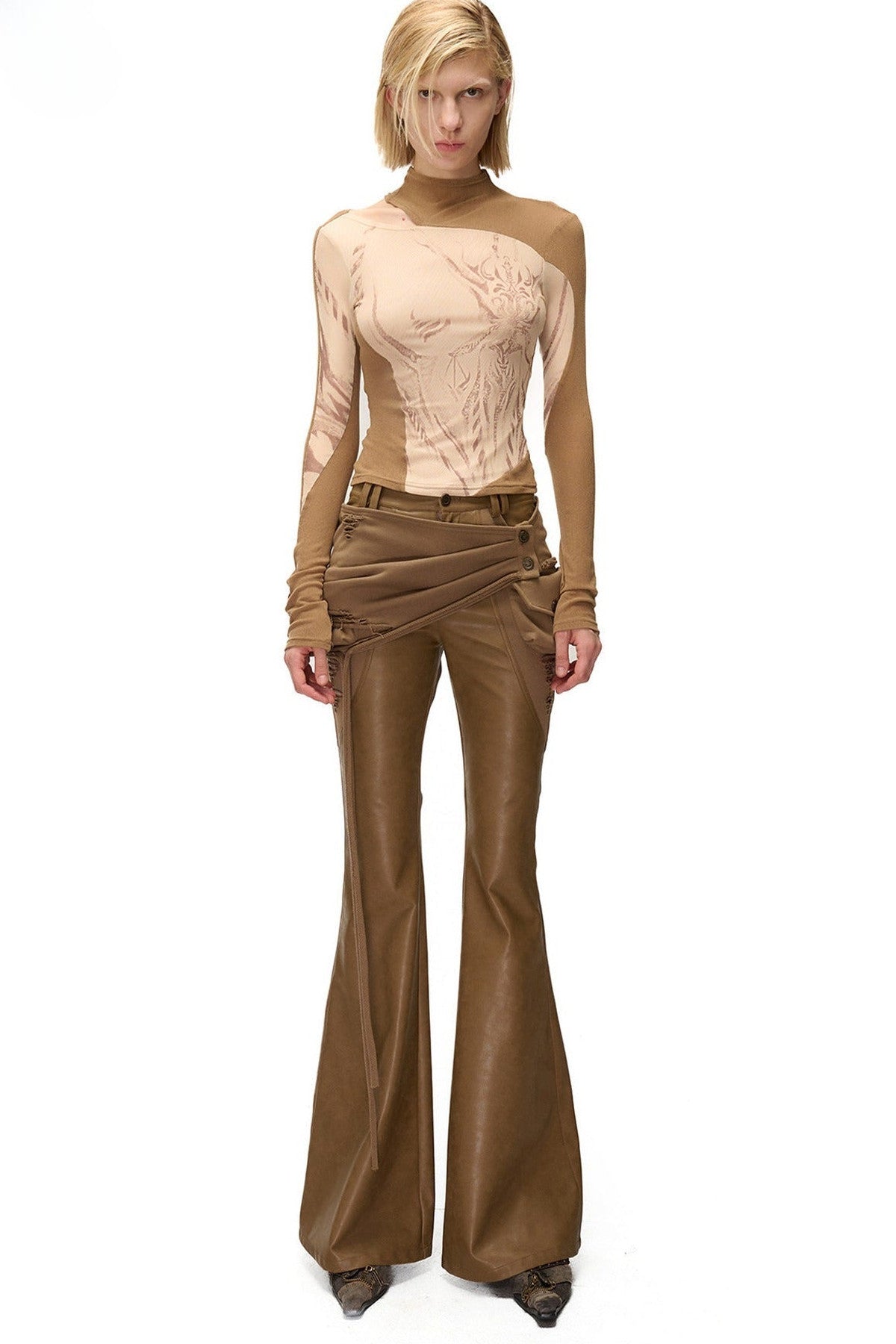 Bootcut-Hose aus PU-Leder mit abnehmbarem Patchwork