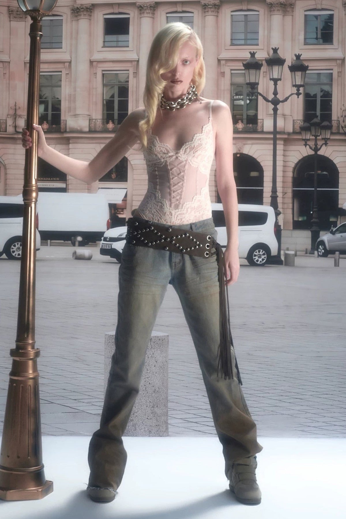 Studded Wide Strap Tassel Waist Cincher