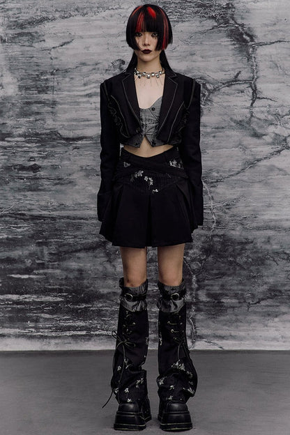 Dark Slimming Patchwork Lapel Jacket Set