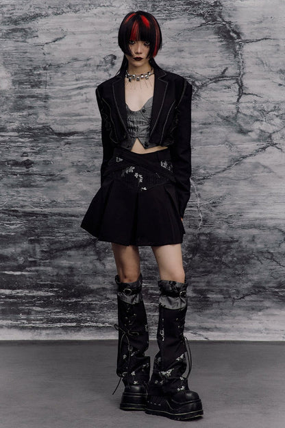 Dark Slimming Patchwork Lapel Jacket Set