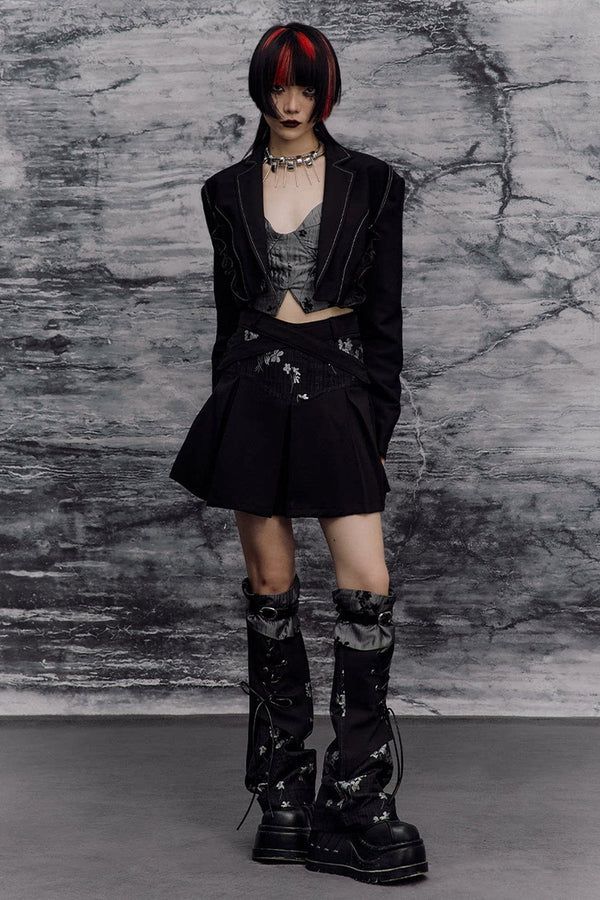 Dark Slimming Patchwork Lapel Jacket Set
