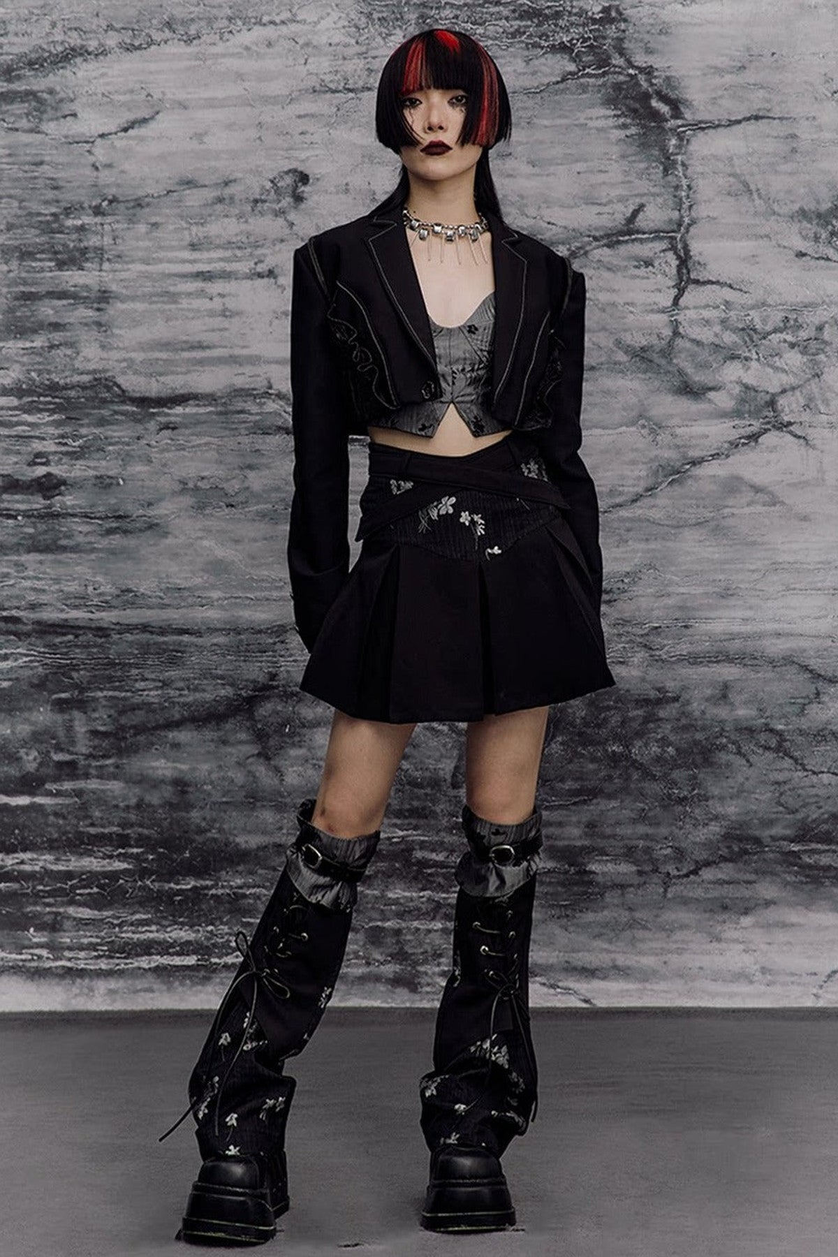 Dark Slimming Patchwork Lapel Jacket Set