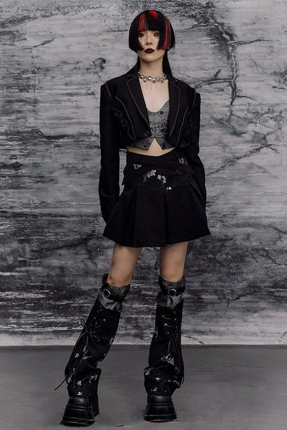 Dark Slimming Patchwork Lapel Jacket Set