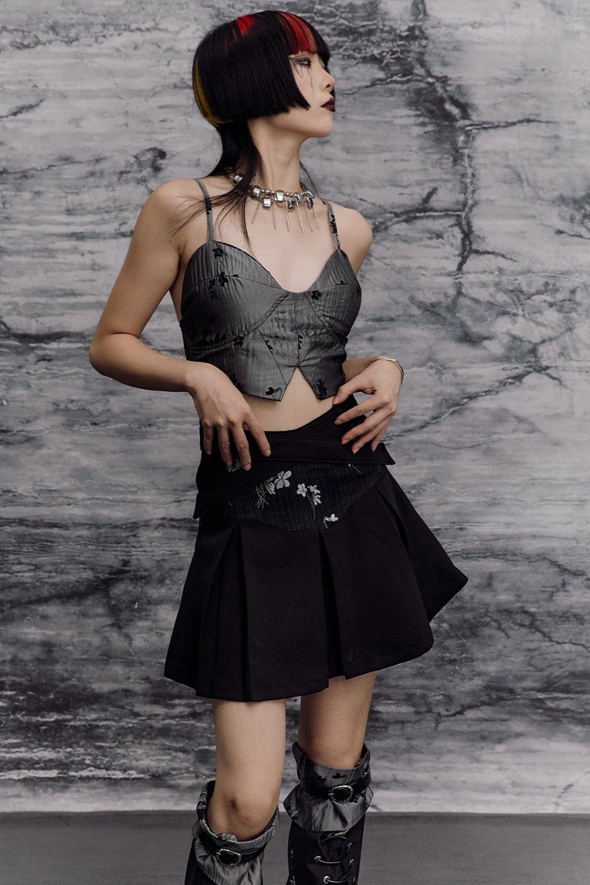 New Chinese-Style Punk Jacquard Pleated Skirt