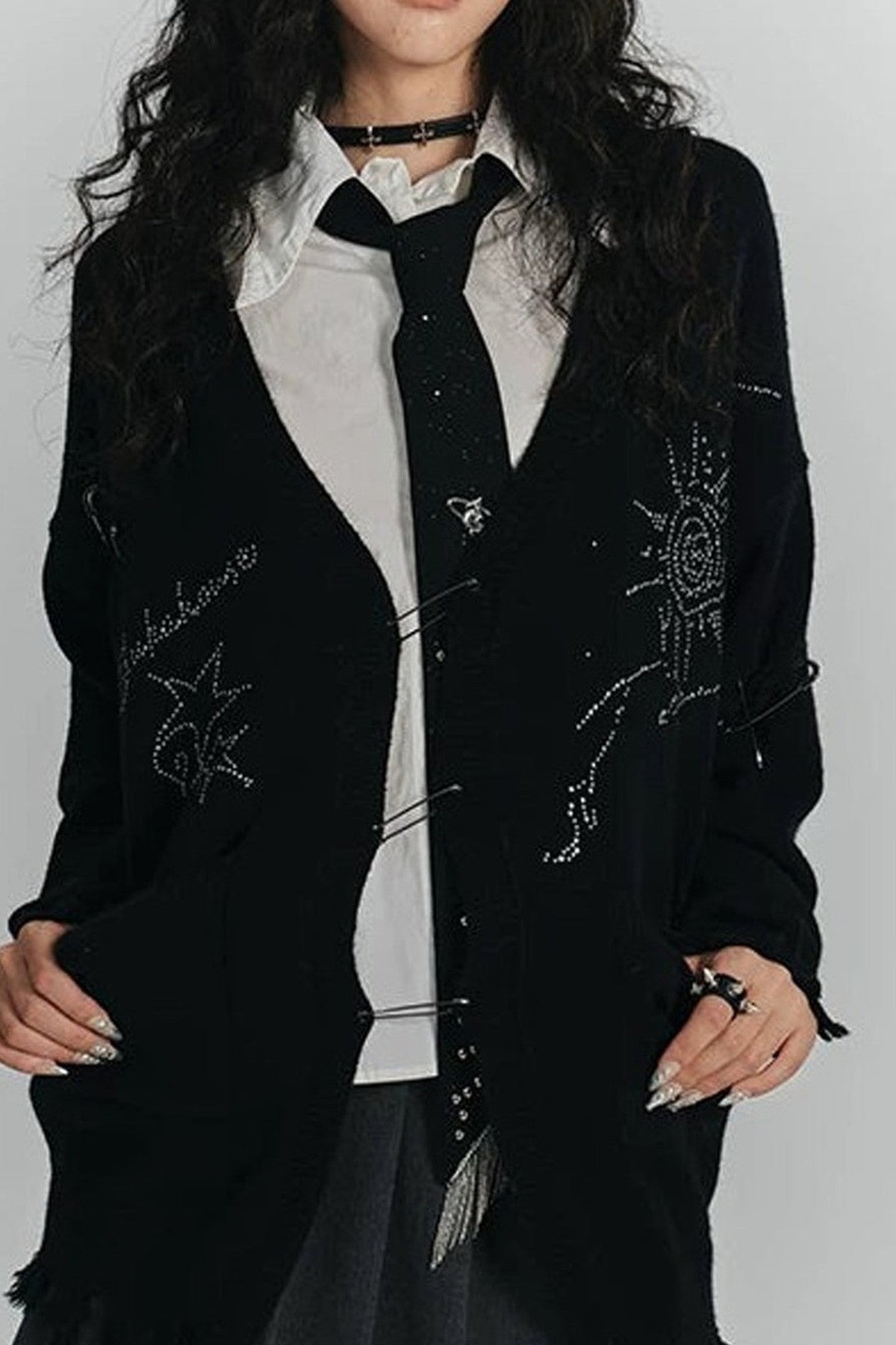 Irregular Ripped Pin V-Neck Knitted Cardigan