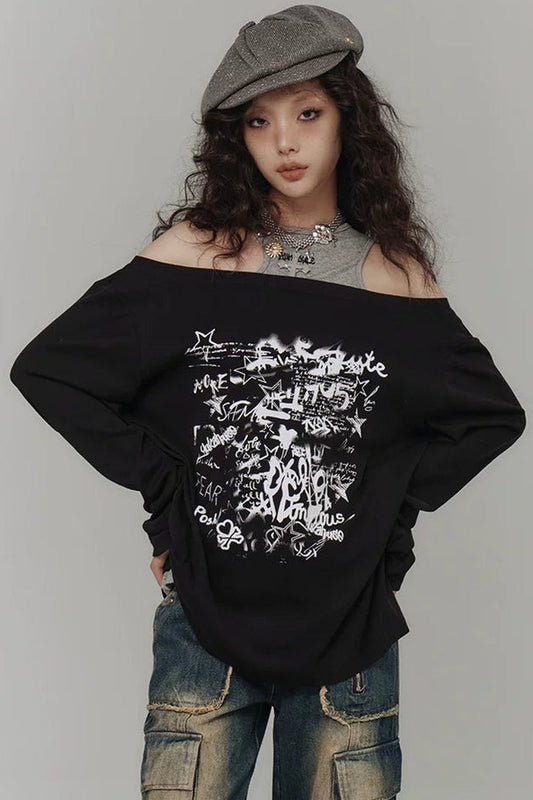 Subculture Loose One-Shoulder Black Top
