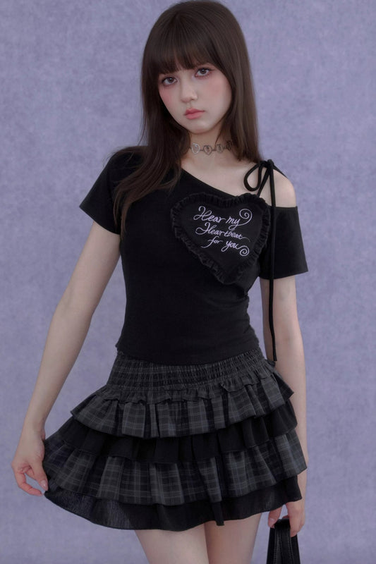 Heart One-Shoulder Short-Sleeve Top