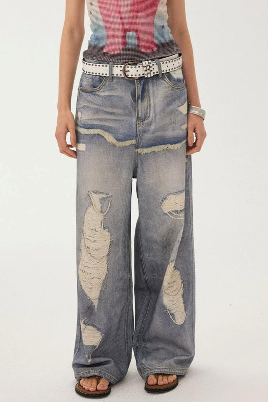 Jeans im Lagenlook mit Rissen, Print und weitem Bein