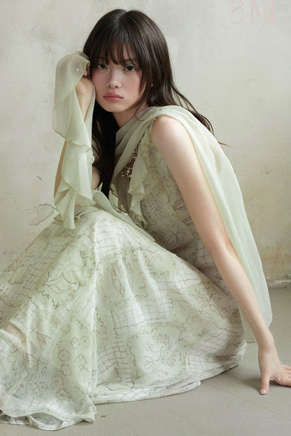 Ruffled Chiffon Grid Long Dress
