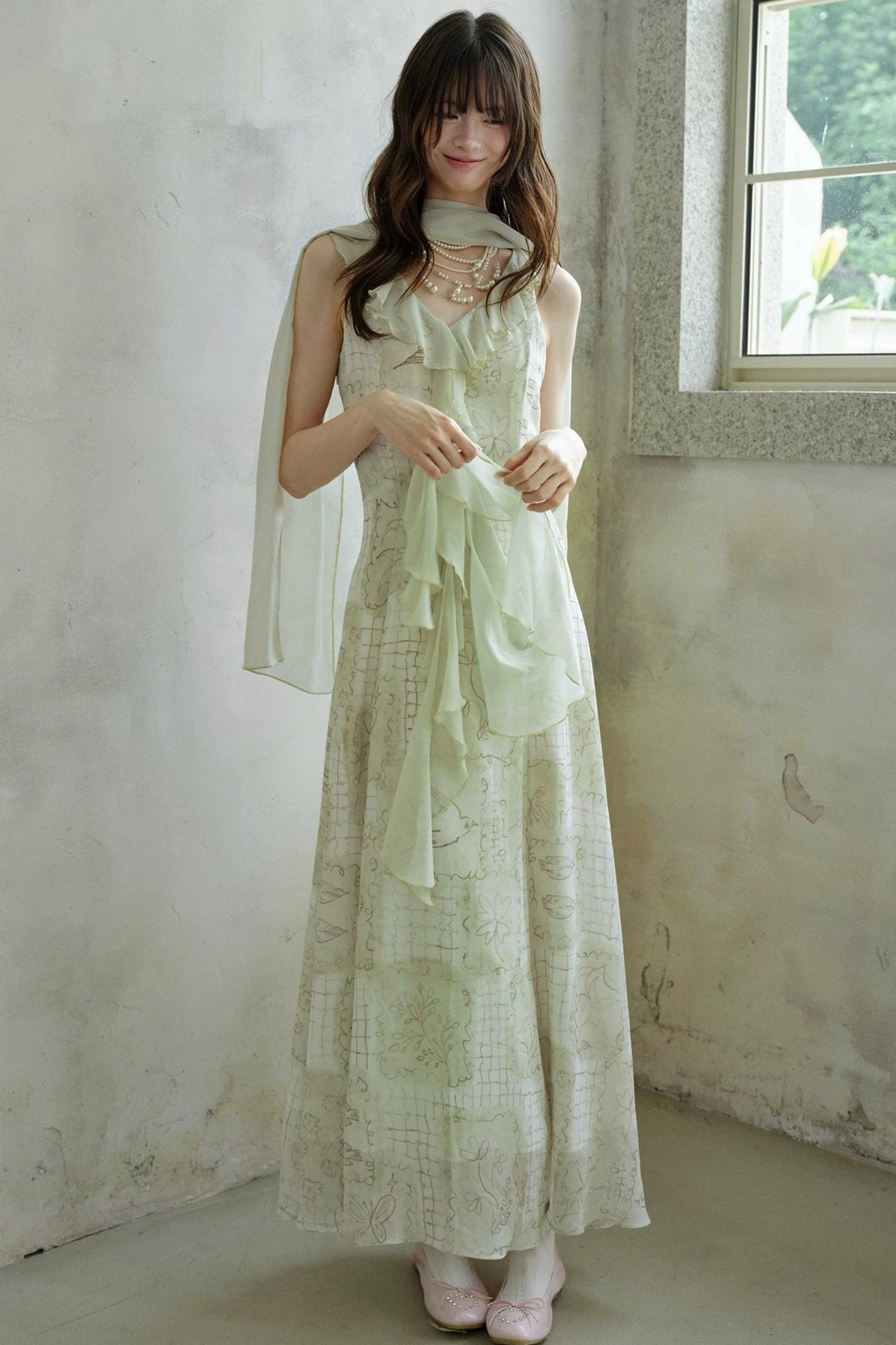 Ruffled Chiffon Grid Long Dress