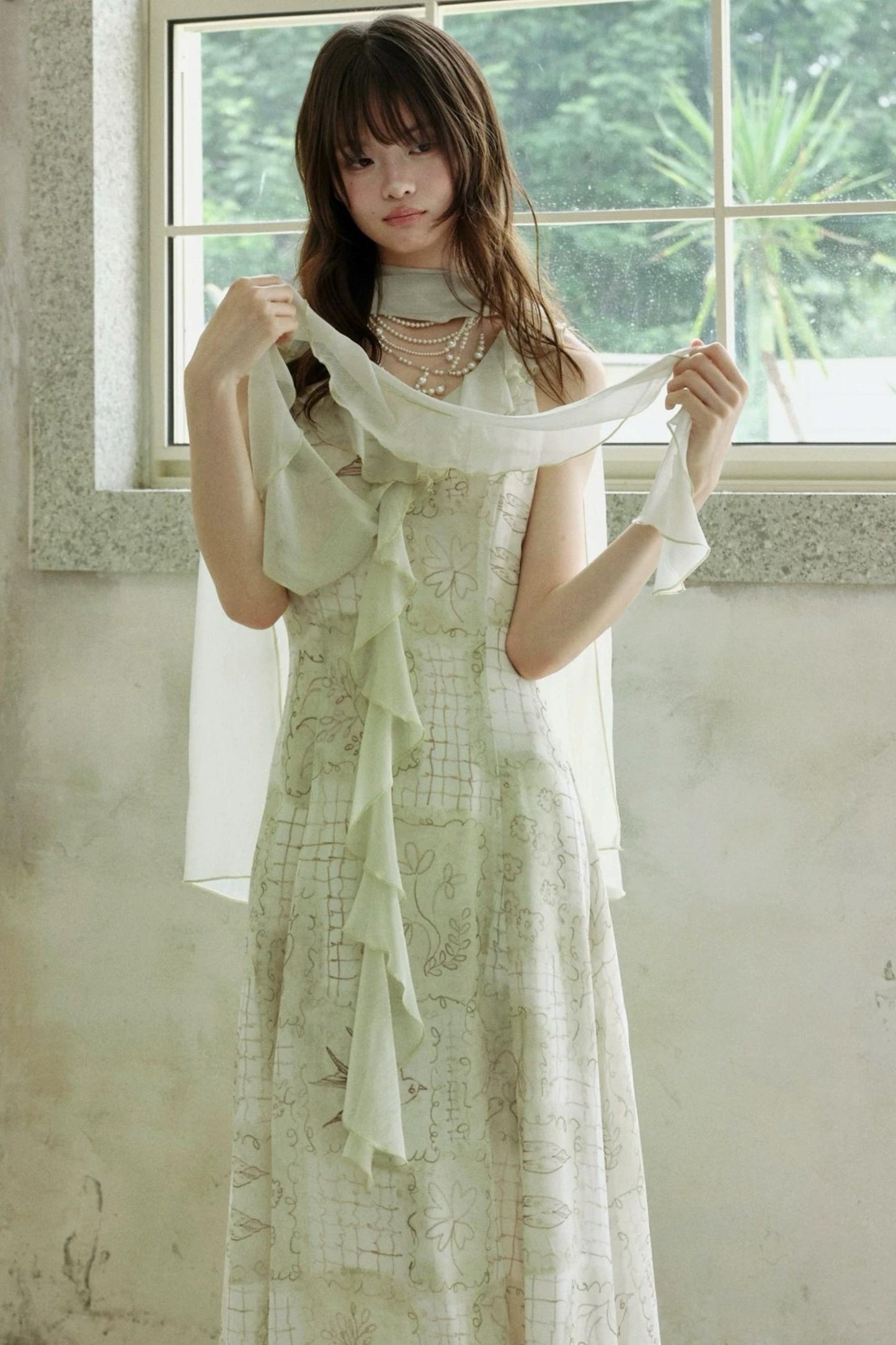 Ruffled Chiffon Grid Long Dress