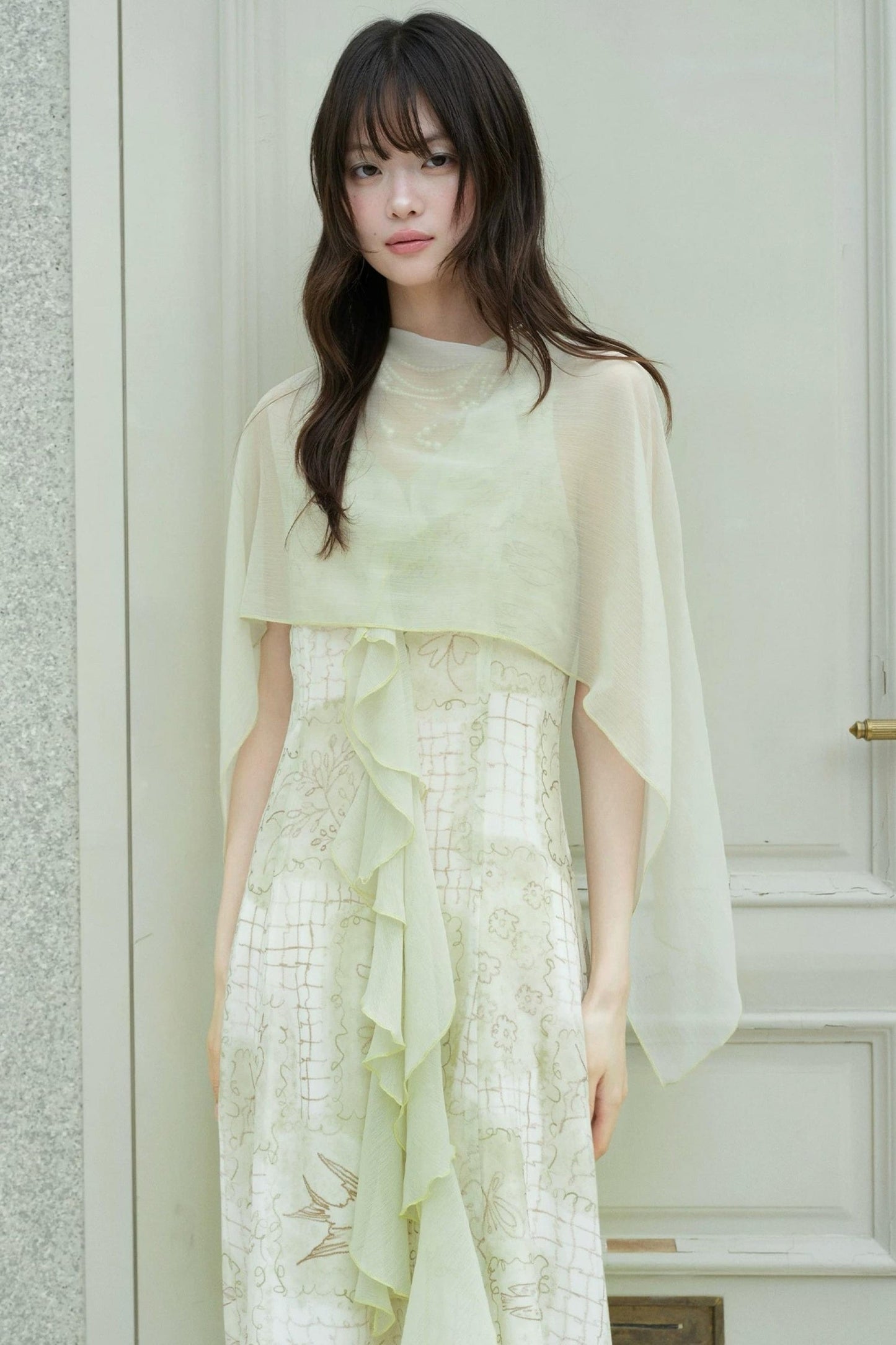 Ruffled Chiffon Grid Long Dress