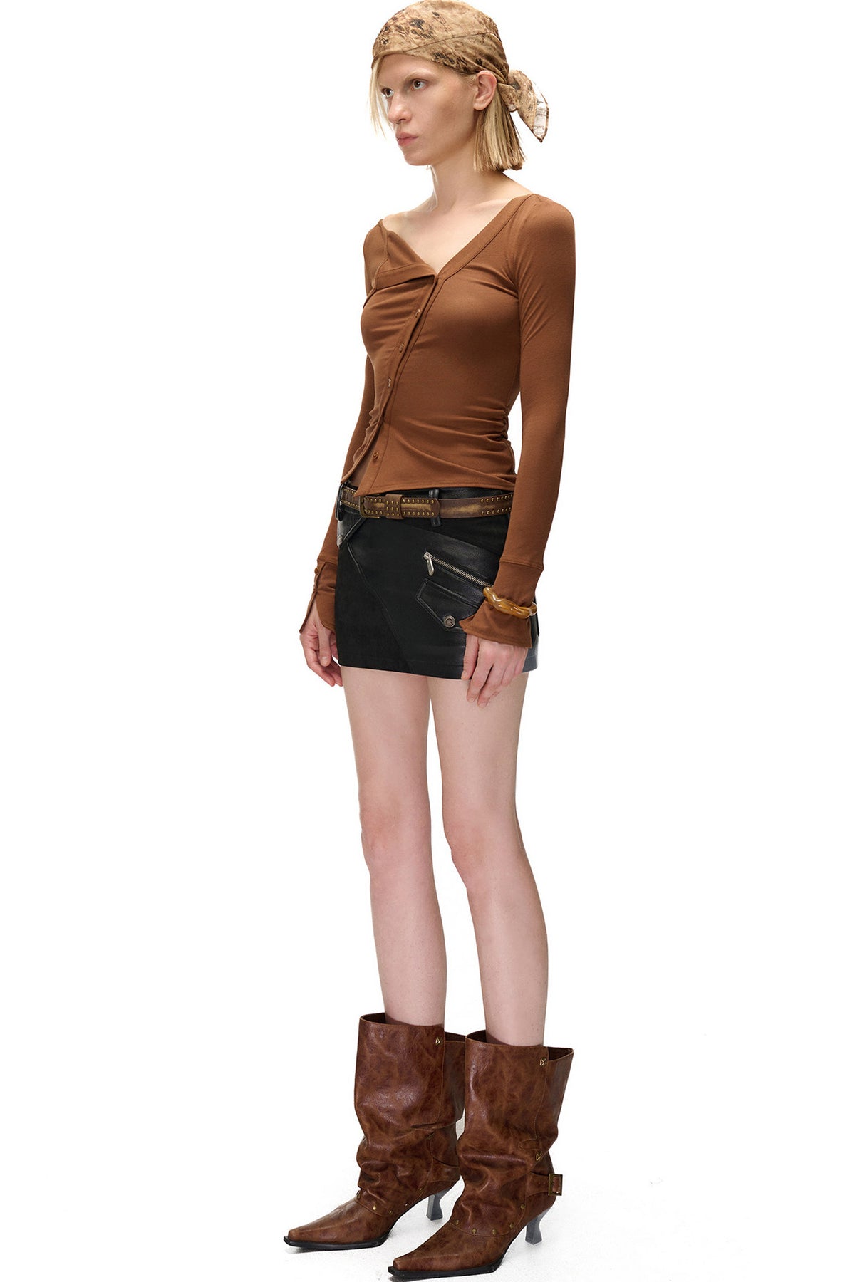 High-Elastic Diagonal Placket Long-Sleeve T-Shirt