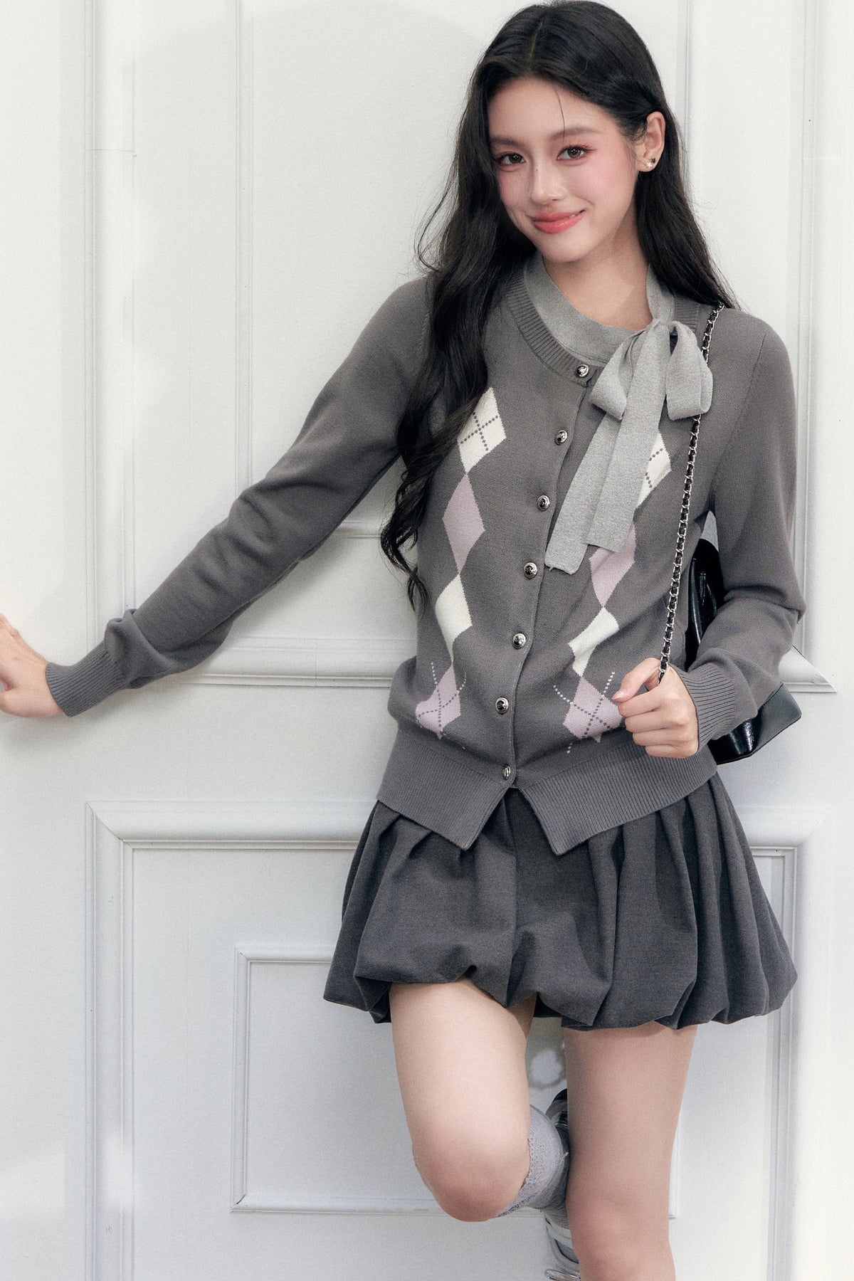 Gray Argyle Bow Tie Sweater and Skirt Set-Up