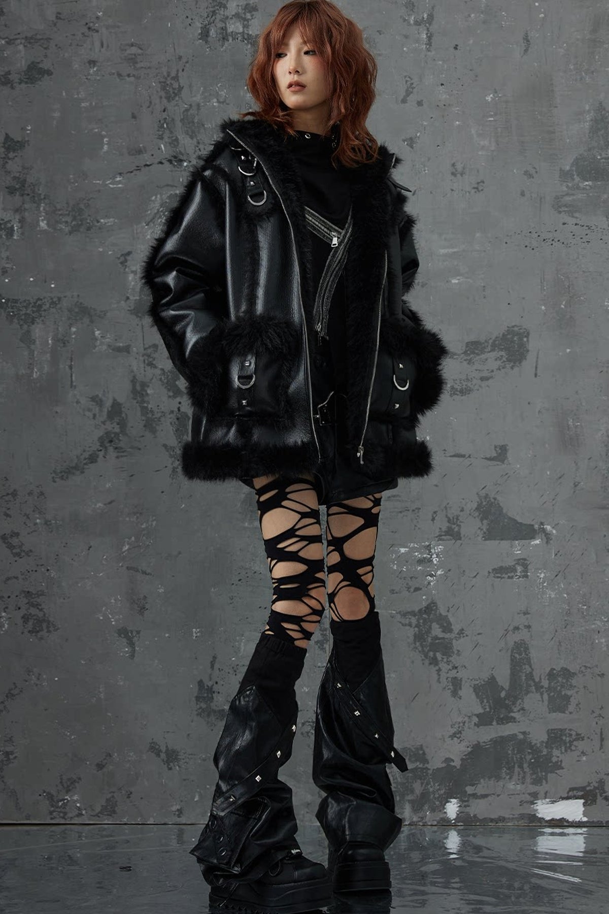 Dark Punk Metal Leather Fur Jacket