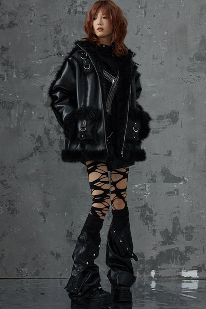 Dark Punk Metal Leather Fur Jacket