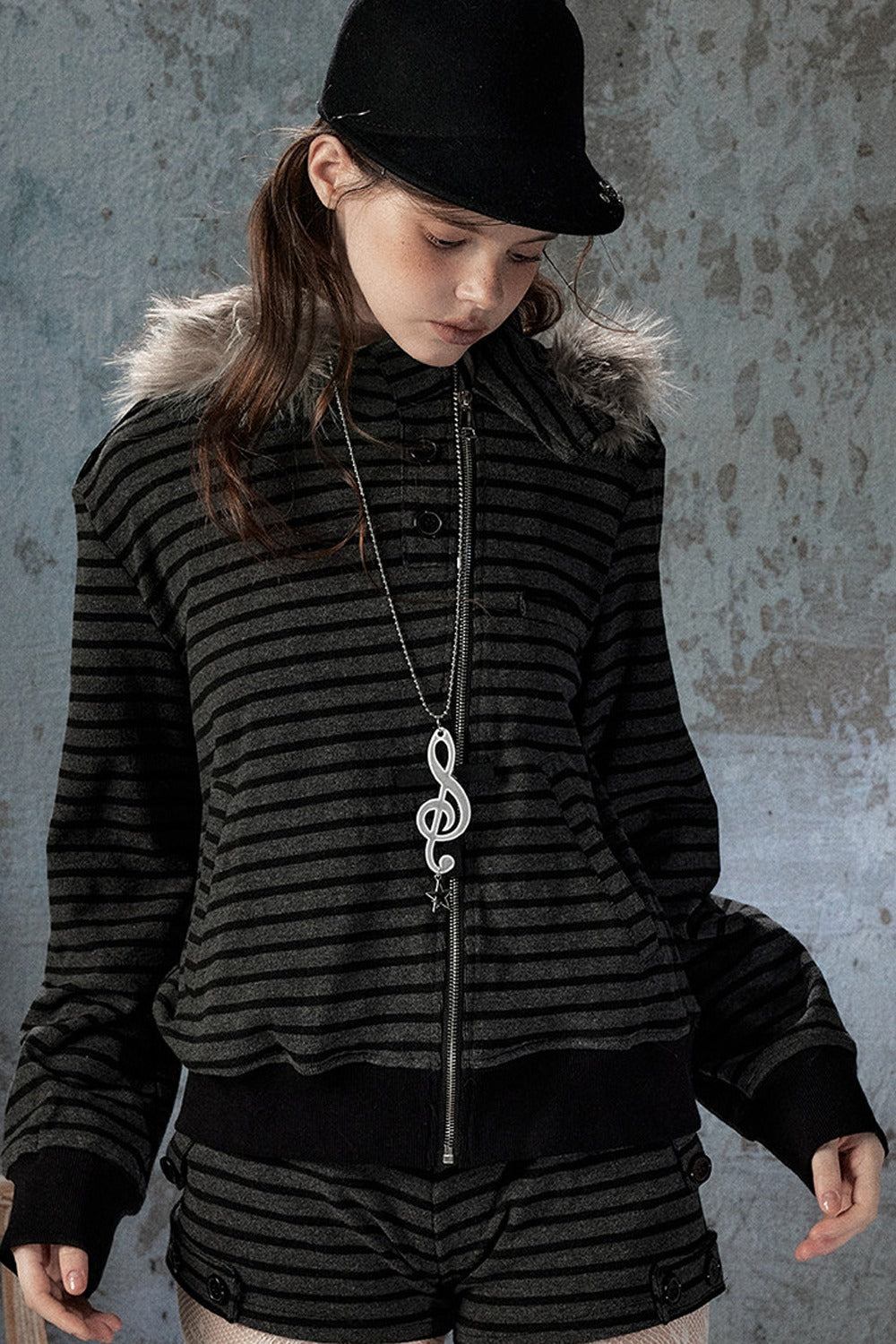 Fur Collar Striped Jacket