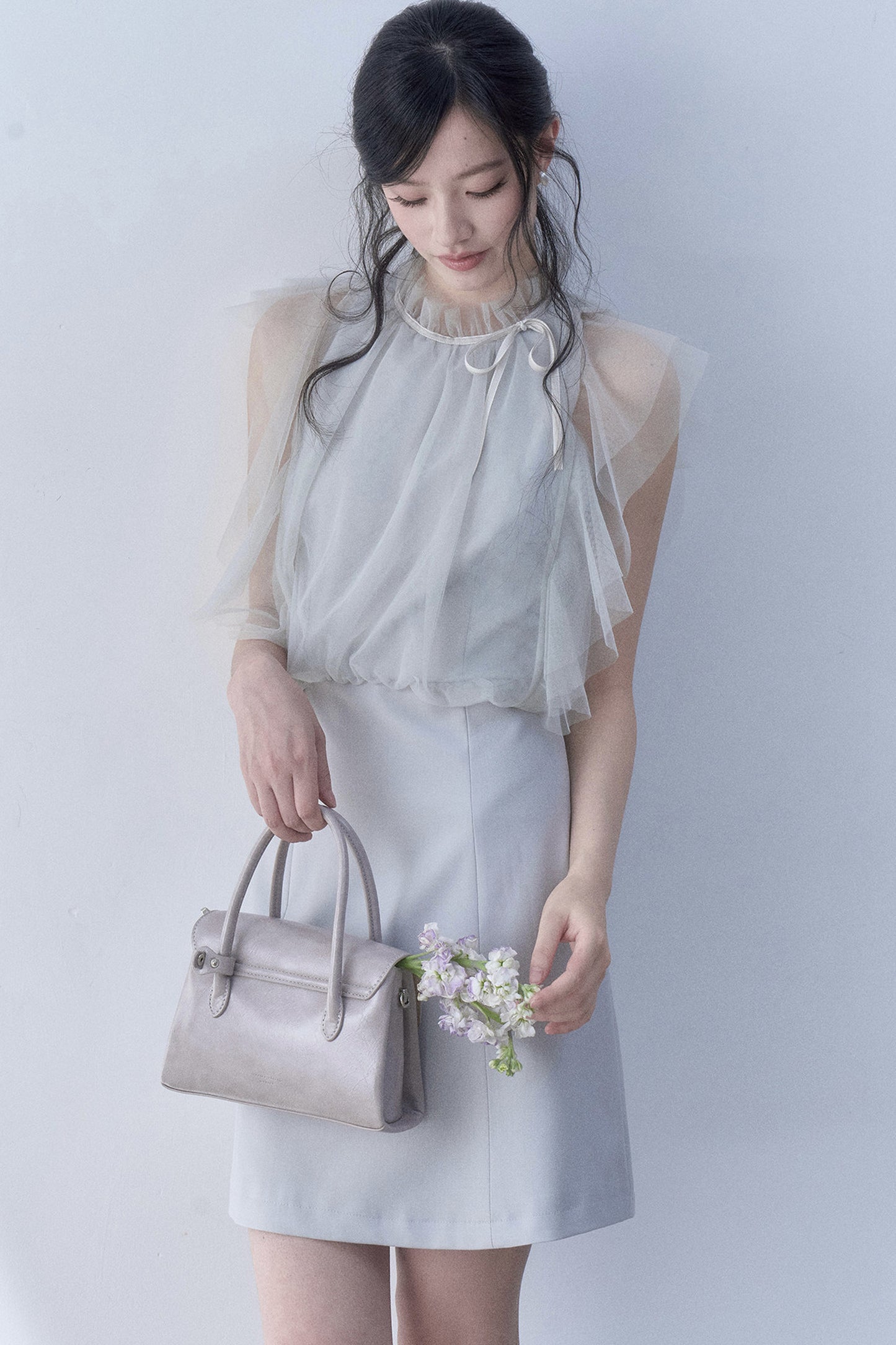 Pleated Mesh Flutter Sleeve Layered-Look Dress