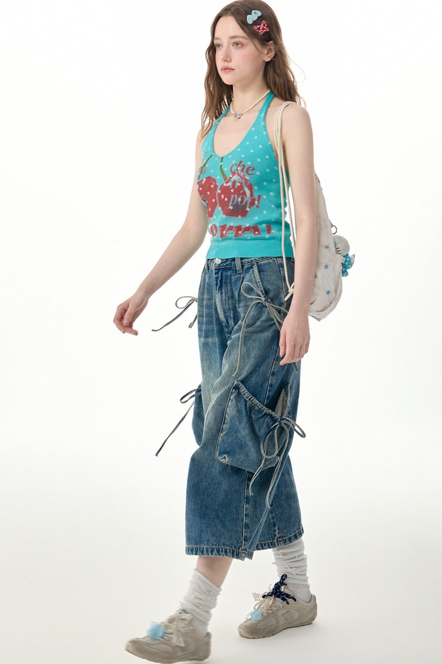 Blue Cherry Print Polka Dot Knit Halter Top