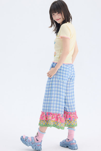 Pantalon court en dentelle à carreaux bleus avec empiècements