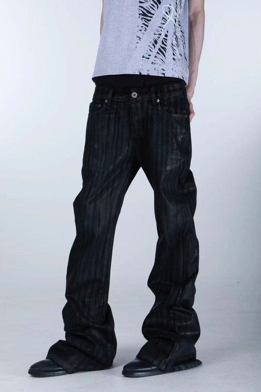Bamboo Texture Wax-Coated Flared Jeans
