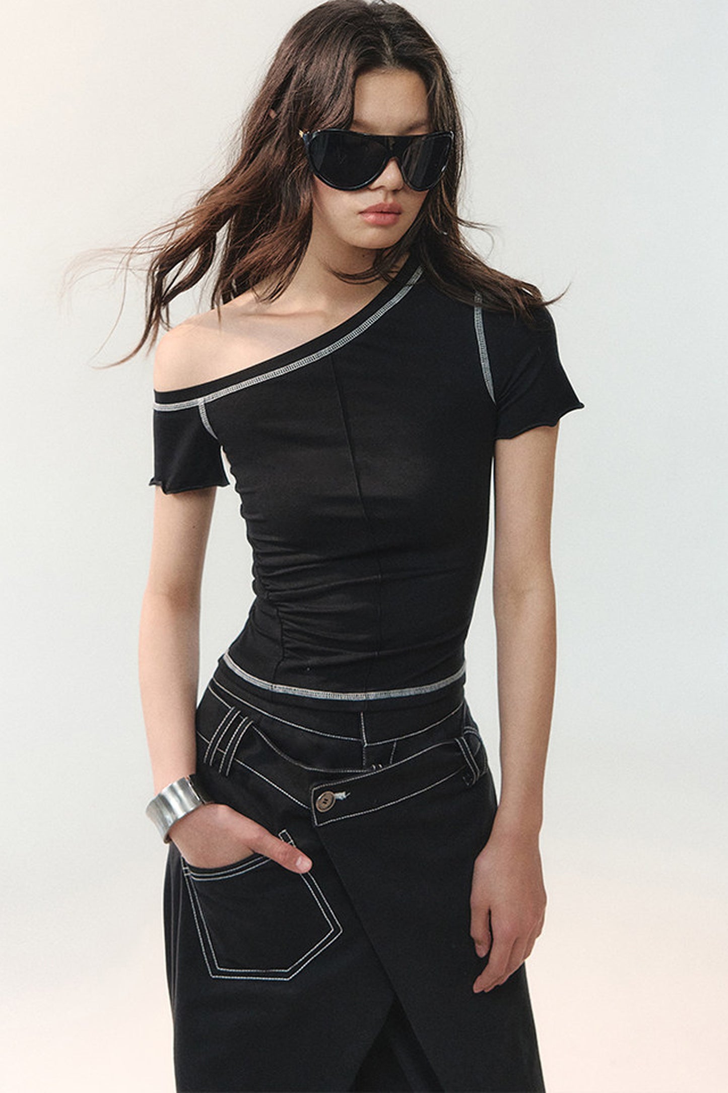 Asymmetrical Shoulder Short-Sleeve Top